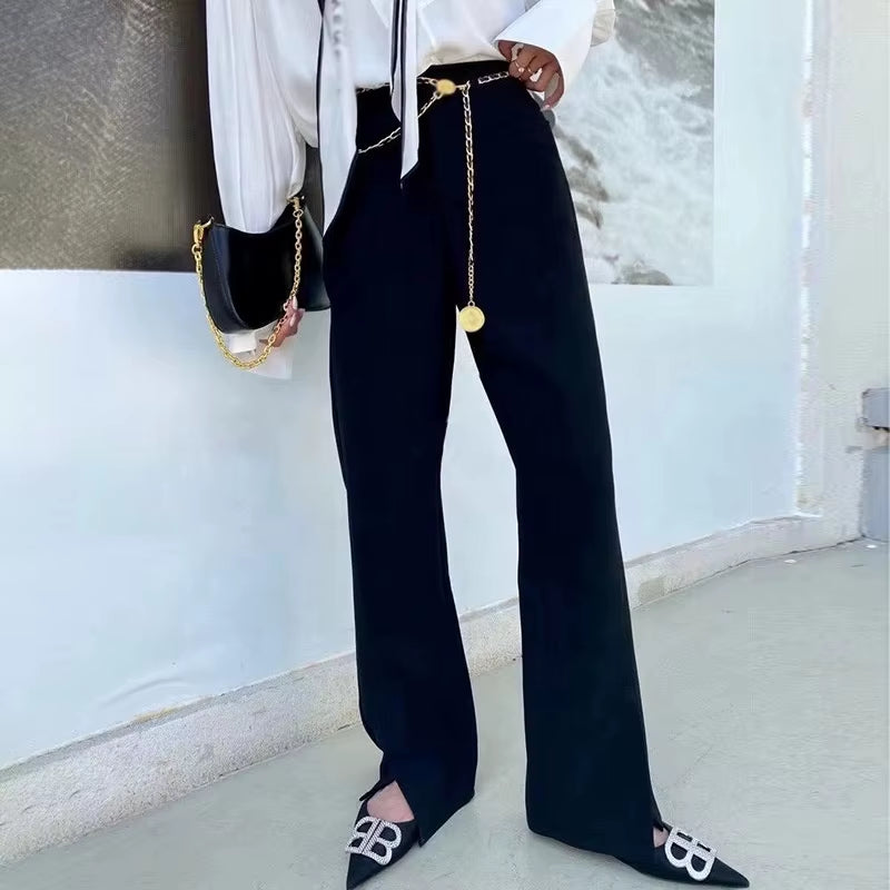 OUDINA British Style Suit Pants 2023 Autumn New High Waist Solid Color Pants Small Slit Chain Belt Straight Woman Pants