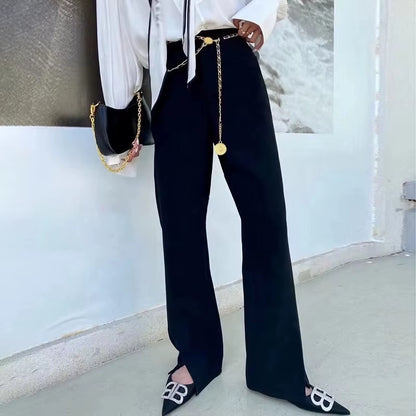 OUDINA British Style Suit Pants 2023 Autumn New High Waist Solid Color Pants Small Slit Chain Belt Straight Woman Pants