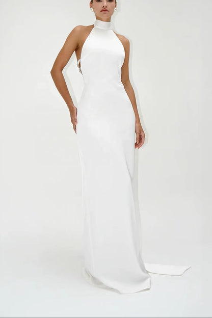 OUDINA Trendy Halterneck Backless Tie Back Beaded Gown Dress Wedding Women Elegant Evening Dresses