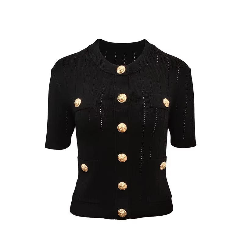 OUDINA Summer French Casual Elegant Button Short Sleeve Cardigan Top Women'S Knitted Sweater