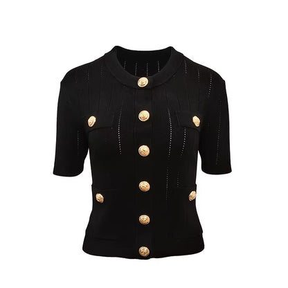 OUDINA Summer French Casual Elegant Button Short Sleeve Cardigan Top Women'S Knitted Sweater