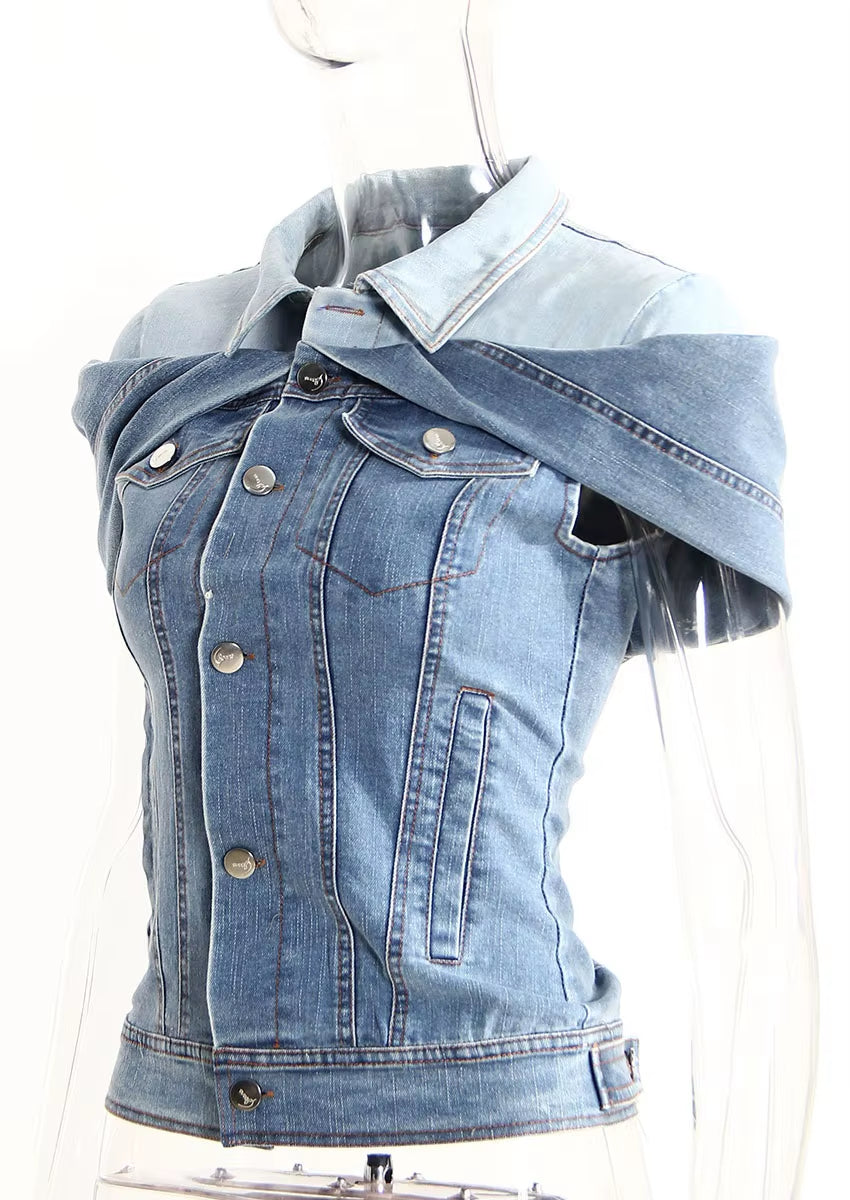 OUDINA Fashionable Unique Style Layered One Shoulder Irregular Blouses and Top Denim Tops Shirts for Women
