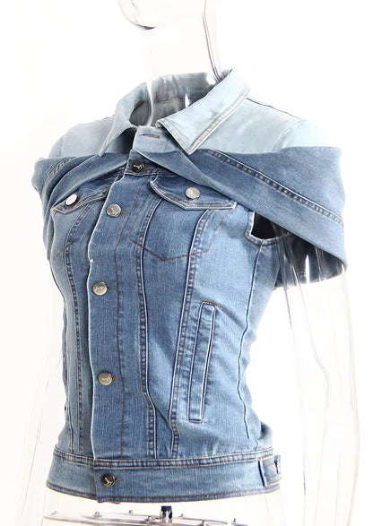 OUDINA Fashionable Unique Style Layered One Shoulder Irregular Blouses and Top Denim Tops Shirts for Women