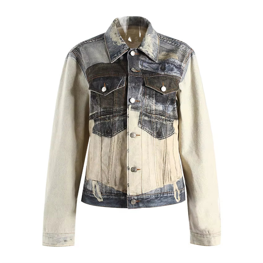 OUDINA Street Fashion Casual Patchwork Leisure Vintage Print Jean Jackets Denim Jacket for Women