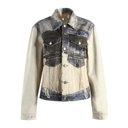 OUDINA Street Fashion Casual Patchwork Leisure Vintage Print Jean Jackets Denim Jacket for Women