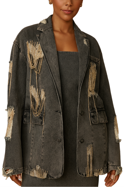 Chic Distressed Rhinestone-Chain Denim Blazer for Women
