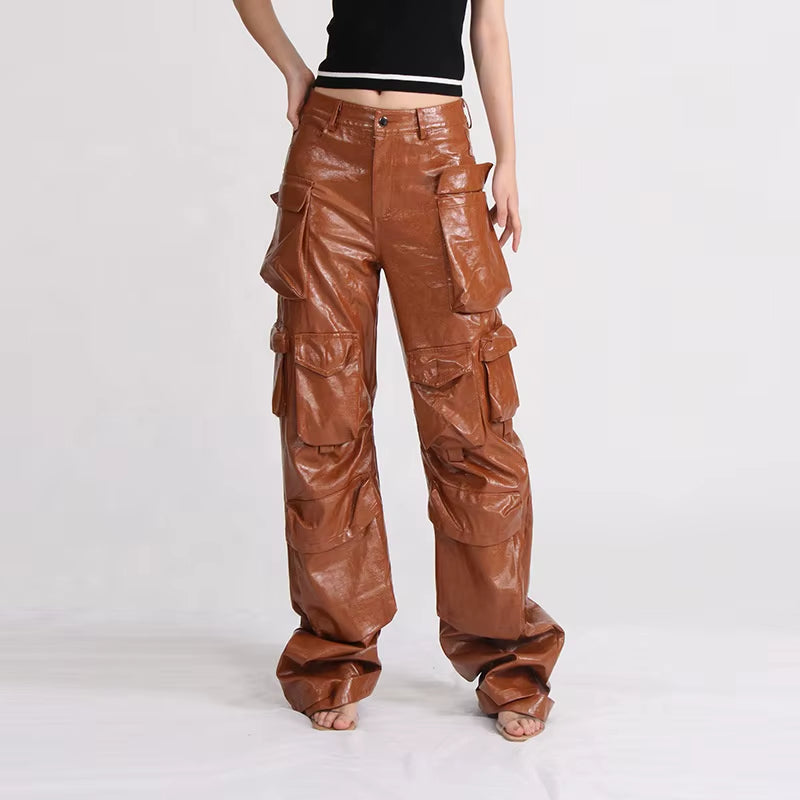 OUDINA Stylish Street Customize PU Trousers High Waist Baggy Mujer 6 Pocket Cargo Pant Wide Leg Women Leather Pants
