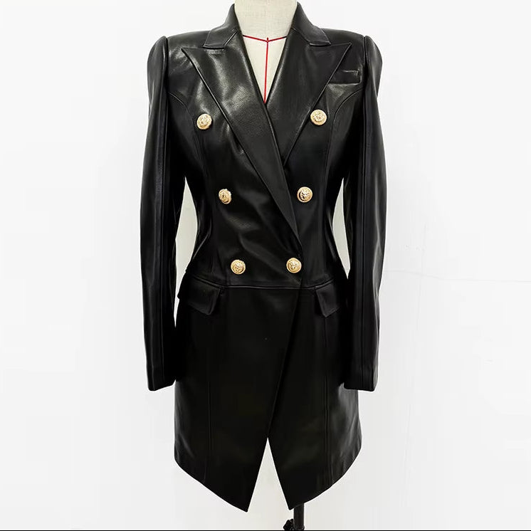 OUDINA Stylish New Slim Double-Breasted Zipper Casual Long Sleeve PU Dresses Women Lady Elegant Leather Dress