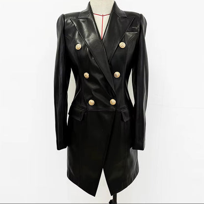 OUDINA Stylish New Slim Double-Breasted Zipper Casual Long Sleeve PU Dresses Women Lady Elegant Leather Dress