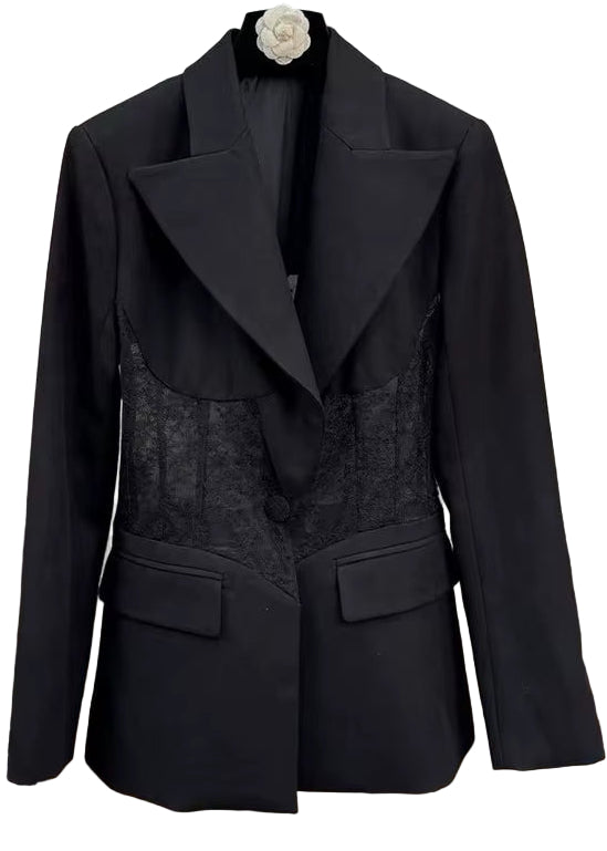 OUDINA New Style See-Through Waist Lace Elegant Casual Long Sleeve Ladies Tuxedo Blazers Jacket Blazer Women