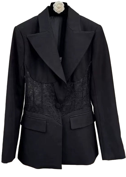OUDINA New Style See-Through Waist Lace Elegant Casual Long Sleeve Ladies Tuxedo Blazers Jacket Blazer Women