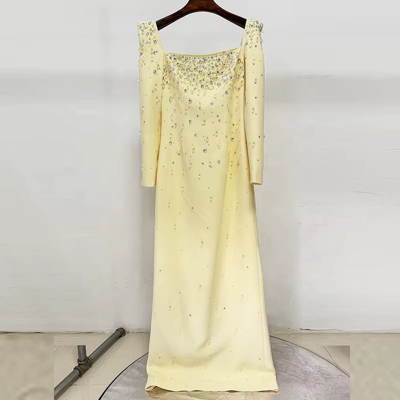 OUDINA Stylish New Long Sleeve Square Collar Beaded Diamond Rhinestones 3XL plus Size Long Gown Women Elegant Party Dresses