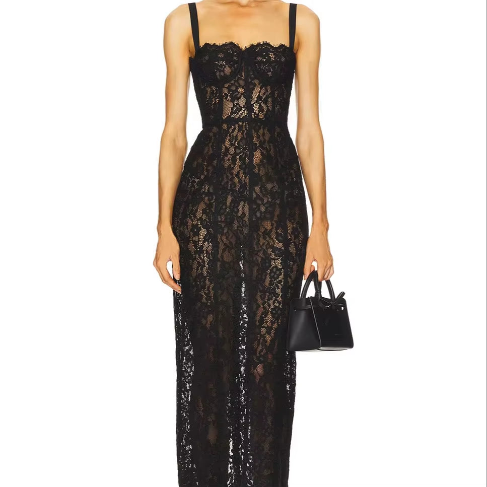 OUDINA Luxury Fashion Summer See-Through Lace Sleeveless Casual Elegant Party Gowns for Women Evening Dresses