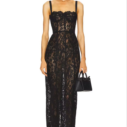 OUDINA Luxury Fashion Summer See-Through Lace Sleeveless Casual Elegant Party Gowns for Women Evening Dresses