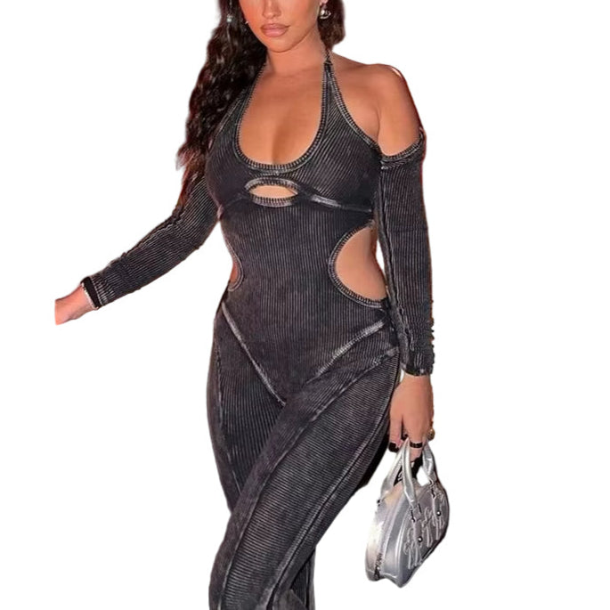 OUDINA Autumn Women'S New Style Backless Jumpsuit Halterneck Hollow Long Sleeve Bodycon Jumpsuits for Women