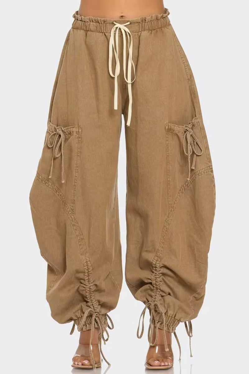 OUDINA Fashion Casual Elastic Waist Drawstring Bow Women'S Cargo Jeans High Waist Jeans Simple Women'S Jeans