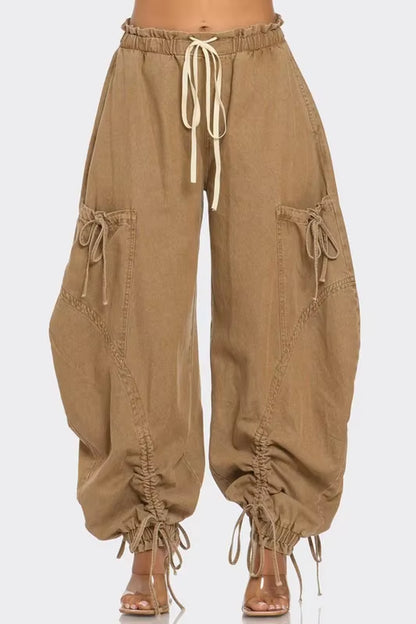 OUDINA Fashion Casual Elastic Waist Drawstring Bow Women'S Cargo Jeans High Waist Jeans Simple Women'S Jeans