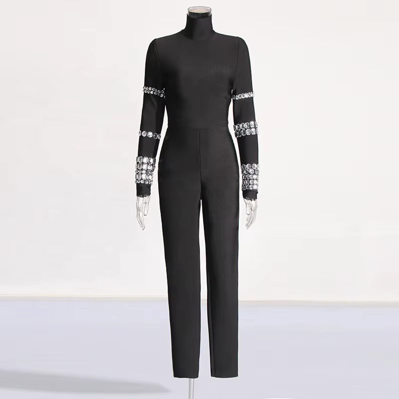 OUDINA 2024 New Trendy Tight Jumpsuit Heavy Industry Design Handmade Diamond Slim Fit Sexy Jumpsuits for Women