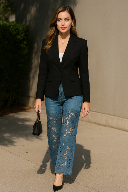 Foral Lace Panel High-Waist Jeans