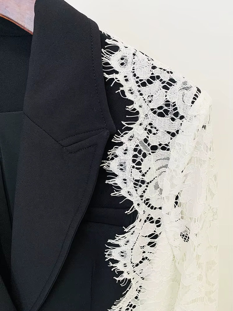 OUDINA Fashion Formal Lace Sleeve Splice Blazer Jacket Suit Elegant Blazer Casual Ladies Blazer