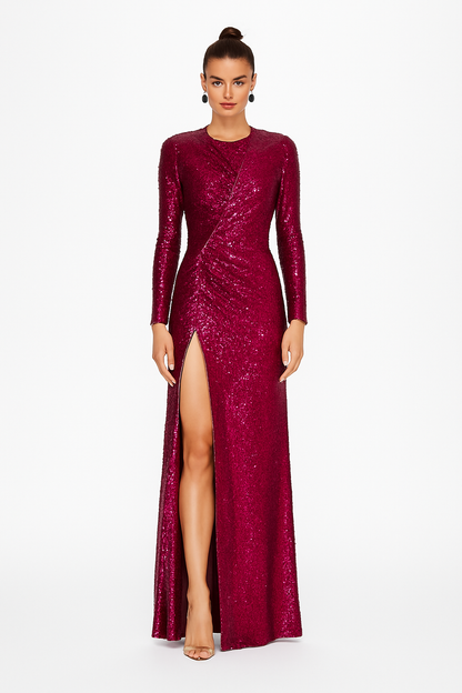 Crimson Allure Long Sleeve Evening Dress - Elegant Vintage Style for Any Occasion