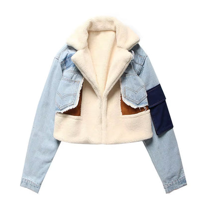 OUDINA Fashion Fleece Denim Patchwork Lamb Wool Thickened Motorcycle Jacket Cotton Ladies Winter Coats Women Fur Coat
