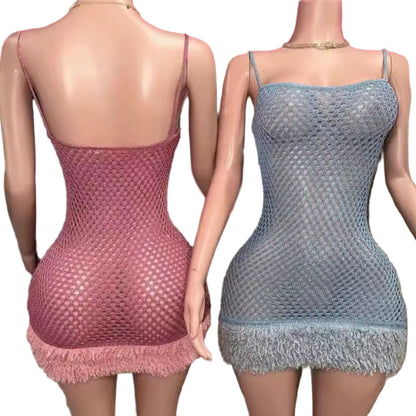 Tassel Beaded Mesh Bodycon Dress 