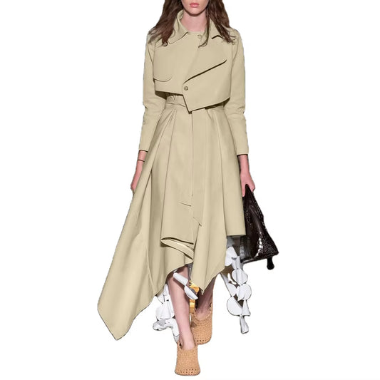 OUDINA Fashion Elegant Solid Splicing Belt Asymmetric Long Women'S Coat Casual Women Trench Coat