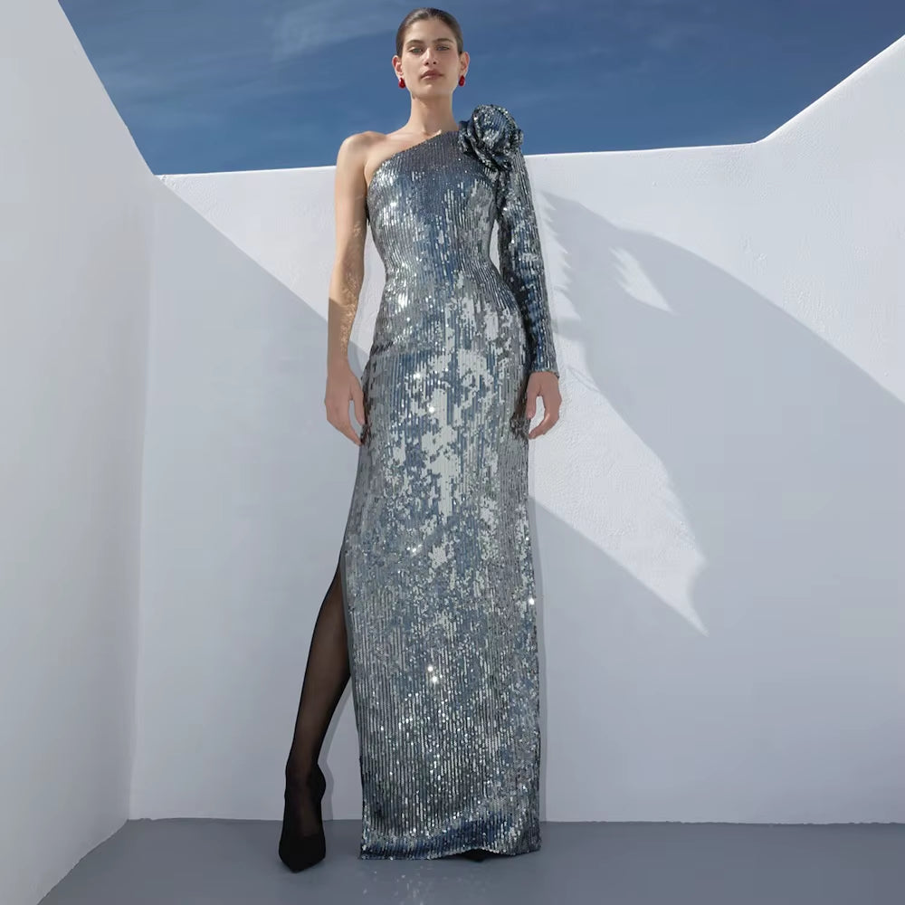 OUDINA New Clothing Irregular Sloping Shoulder Women Lady Elegant Dresses Women'S Casual Long Dress