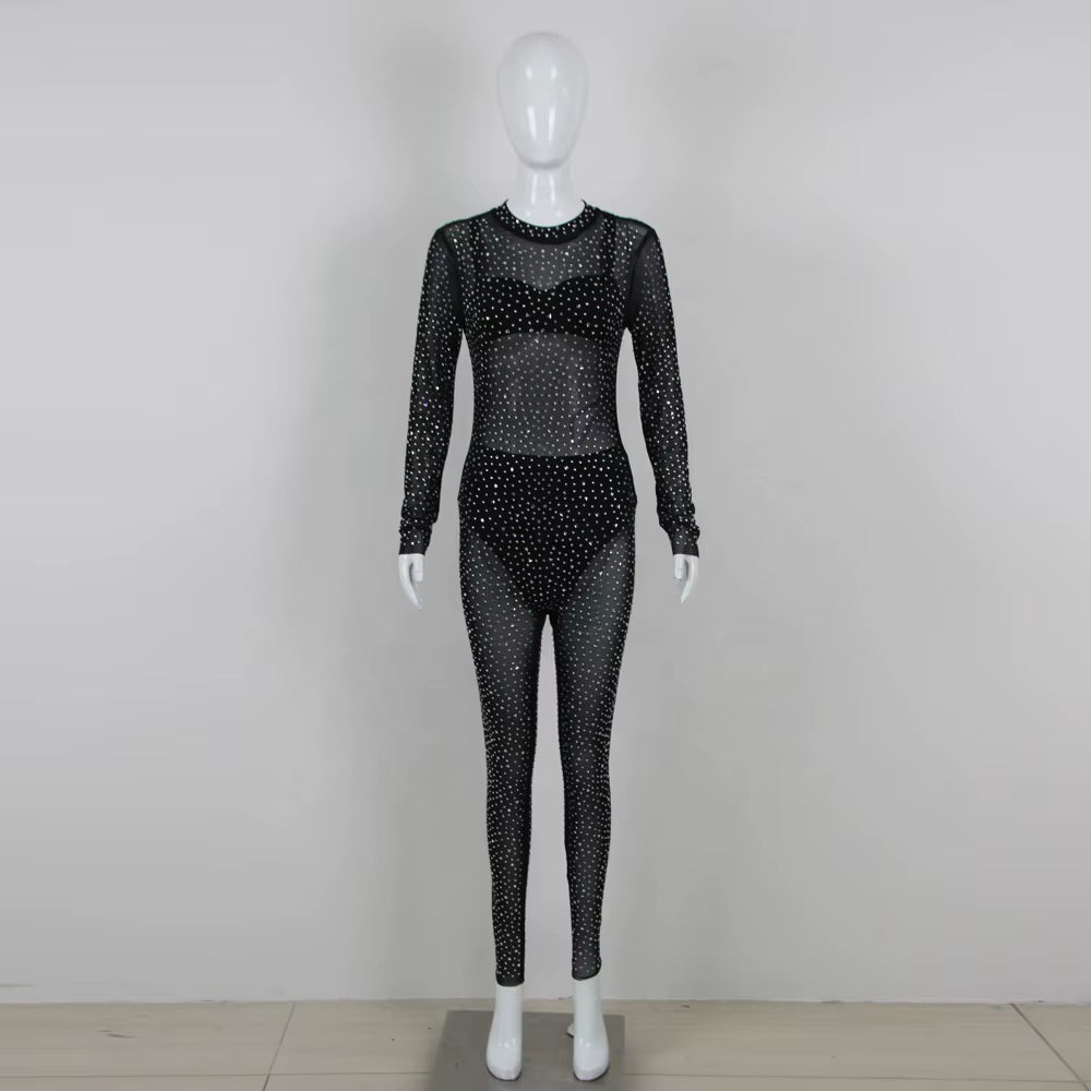 OUDINA Fashion Sexy Transparent Diamond Rhinestone Skinny Party Mesh Sequin Jumpsuit One Piece Women Jumpsuits