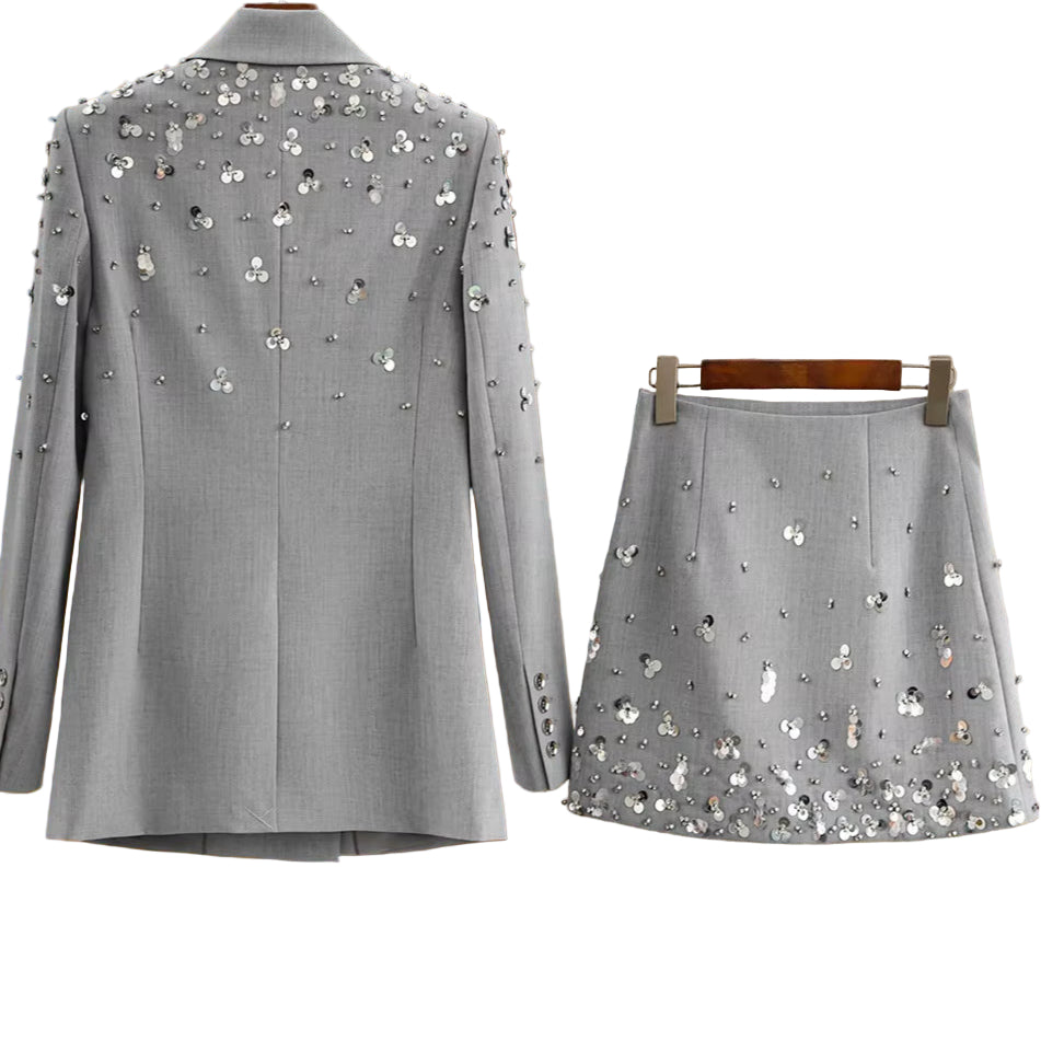 OUDINA in Stock Fashion Elegant Beads Sequins Gray Suit Blazers Skirt Two Piece Women'S Suits