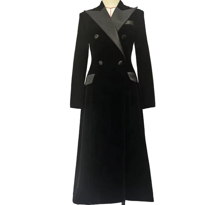 OUDINA European New Winter Luxury Velvet Patchwork Leather Collar Trench Long Coat Jacket Women'S Coats