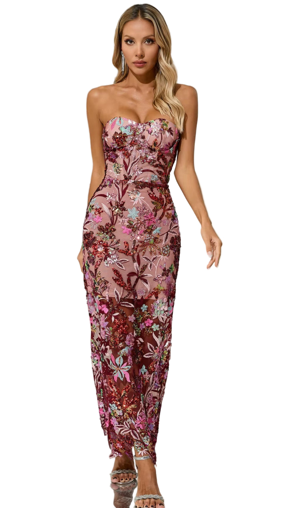 OUDINA Hot Fashion off Shoulder Mesh Flower Embroidery Long Banquet Party Dresses Gown Women Elegant Evening Dress