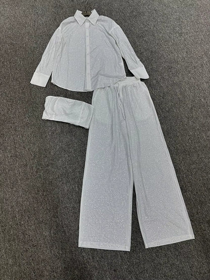 OUDINA New Diamond Sequins Casual Three Piece Tops Shirts Blazer Jacket Pants Sets Rhinestones 3 Piece Set Clothing Women'S Sets