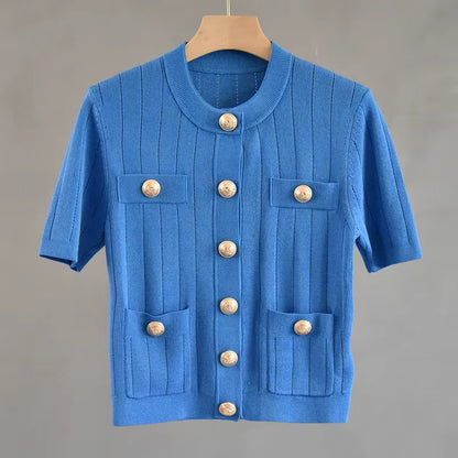 OUDINA Summer French Casual Elegant Button Short Sleeve Cardigan Top Women'S Knitted Sweater