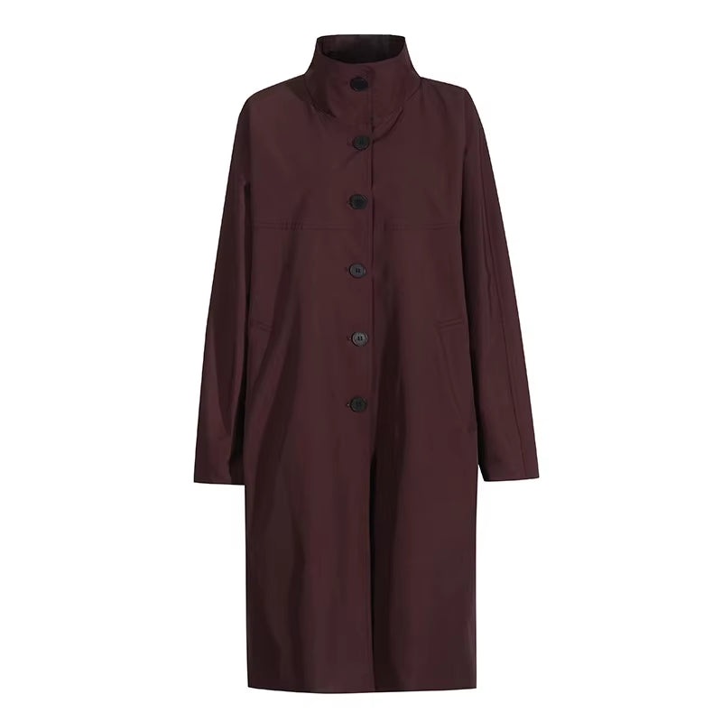 OUDINA Fashion Elegant Stand Single-Breasted Loose Ladies Coat Solid Long Trench Coats Simple Women'S Coats