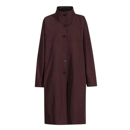 OUDINA Fashion Elegant Stand Single-Breasted Loose Ladies Coat Solid Long Trench Coats Simple Women'S Coats