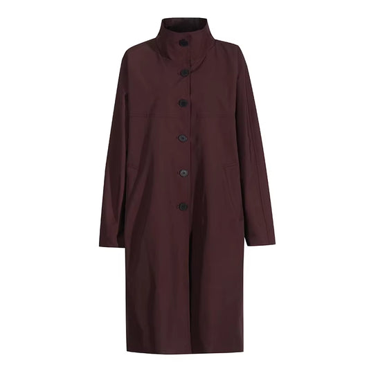 OUDINA Fashion Elegant Stand Single-Breasted Loose Ladies Coat Solid Long Trench Coats Simple Women'S Coats