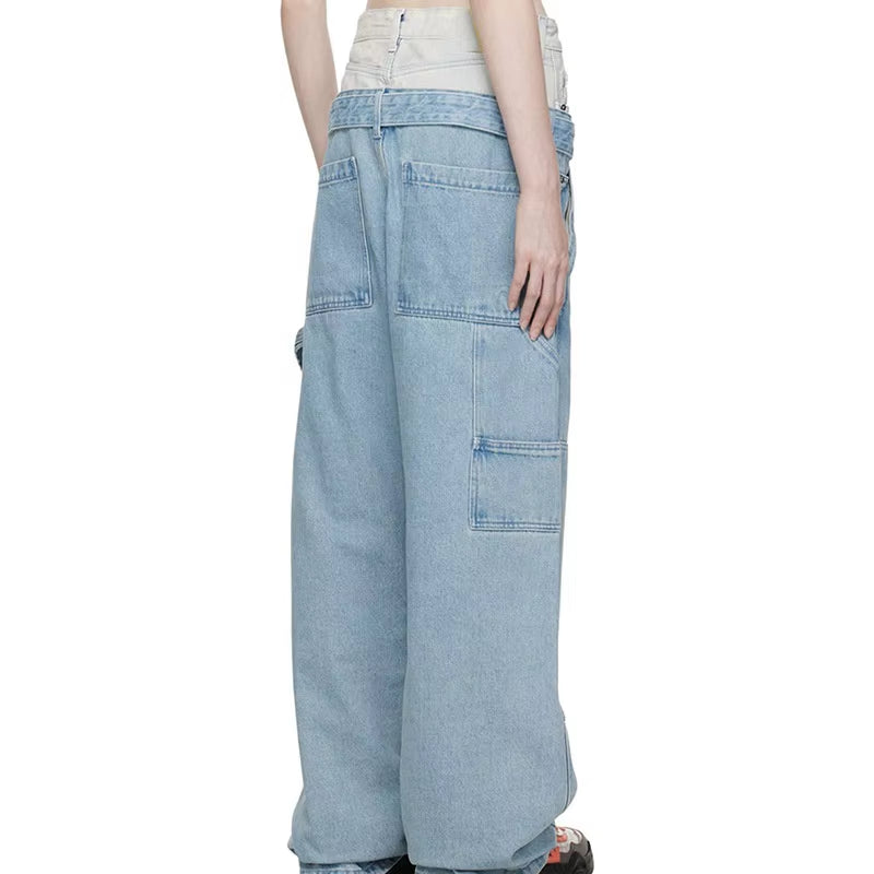 OUDINA Street Style Patchwork Washed Jeans Double Waist Color Contrast Belt Women'S Pants