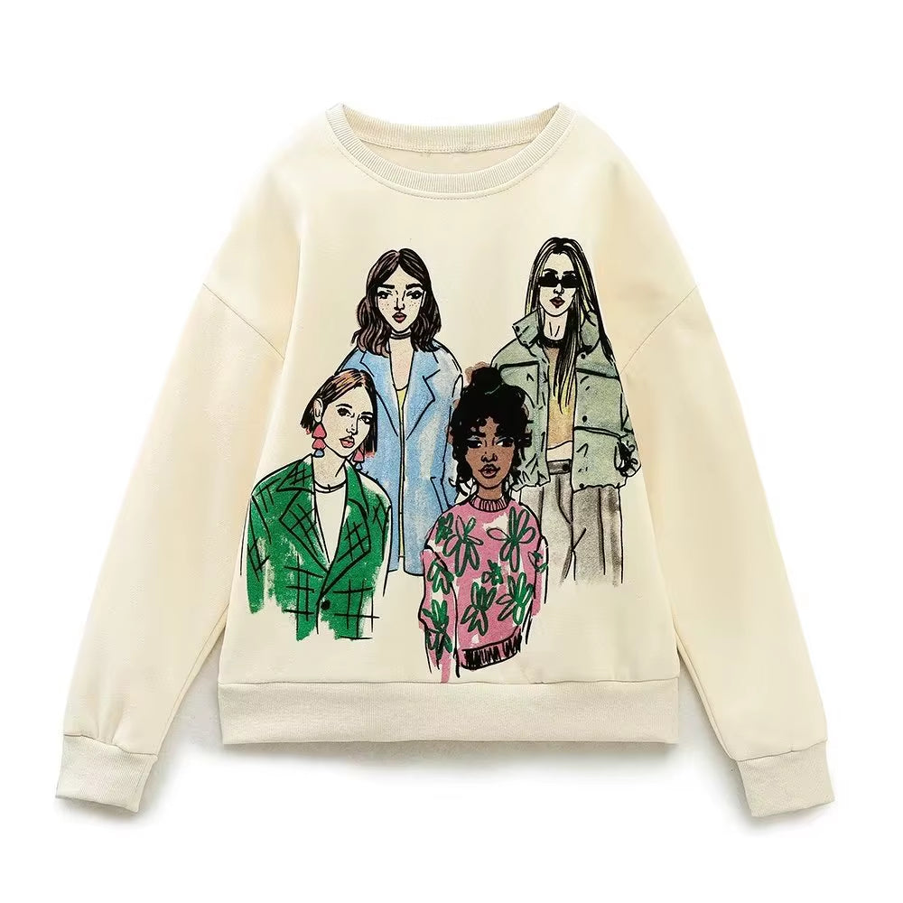 OUDINA Wholesale Casual Oversized Pattern Printed Crewneck Women'S Clothing Sweatshirt Women Sweatshirts