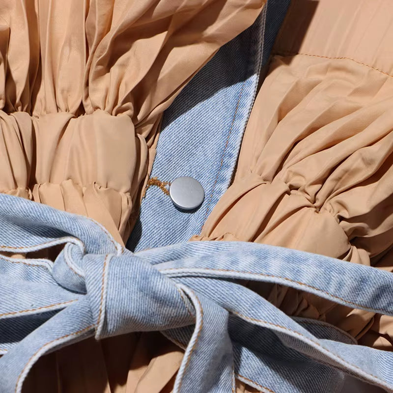 OUDINA Fashionable Contrast Color Women'S Denim Jackets & Coats Casual Ruffles Women Denim Jacket Splice Pleats Women'S Jackets