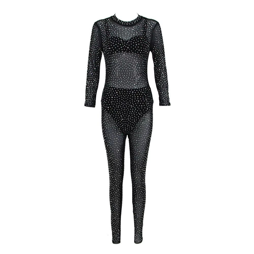 OUDINA Fashion Sexy Transparent Diamond Rhinestone Skinny Party Mesh Sequin Jumpsuit One Piece Women Jumpsuits
