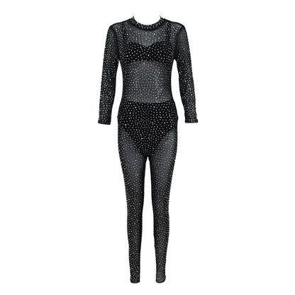 OUDINA Fashion Sexy Transparent Diamond Rhinestone Skinny Party Mesh Sequin Jumpsuit One Piece Women Jumpsuits
