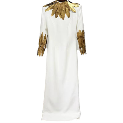 OUDINA Ready Stock 3XL plus Size Gold Feather Decoration Long Dresses Dinner Party Elegant Evening Dress for Women