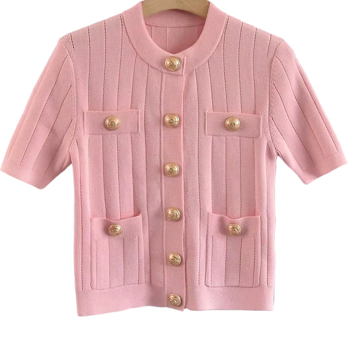 OUDINA Summer French Casual Elegant Button Short Sleeve Cardigan Top Women'S Knitted Sweater