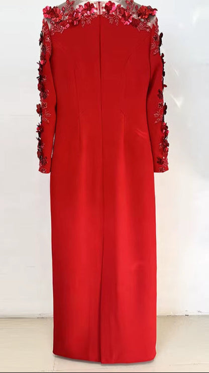 OUDINA New Style Beaded Red Splicing Dimensional Flower Mesh Sleeve Long Dress Dinner Lady Elegant Women Evening Dresses