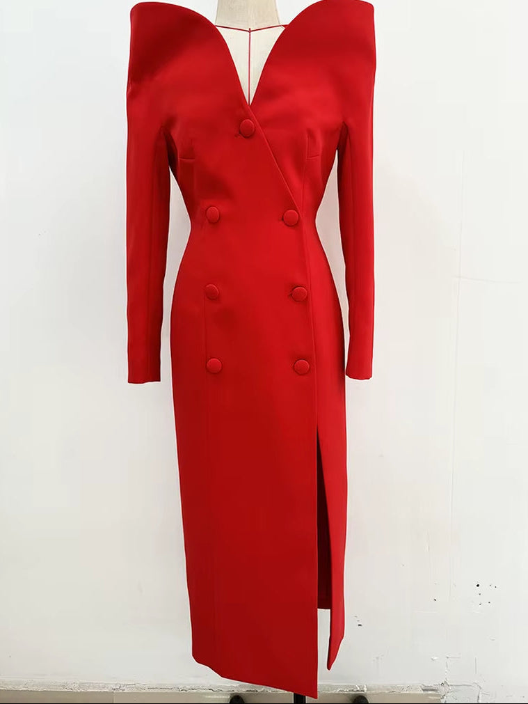 Avant-Garde Red Structured Shoulder Coat Dress