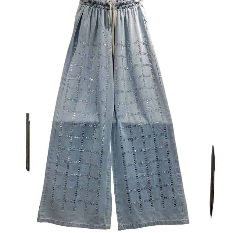 OUDINA Fashion Loose Casual Denim Jacket Set Rhinestones Sparkling Plaid Jeans Set Two Piece Pants Sets