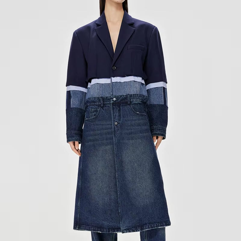 OUDINA Custom Niche Wool Patchwork Denim Windbreaker Jacket New Design Contrasting Color Winter Coat