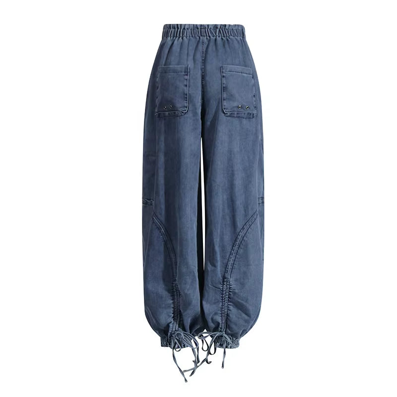 OUDINA Fashion Casual Elastic Waist Drawstring Bow Women'S Cargo Jeans High Waist Jeans Simple Women'S Jeans